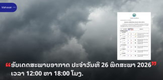 ອັບເດດສະພາບອາກາດ ປະຈໍາວັນທີ 26 ພຶດສະພາ 2026 ເວລາ 12:00 ຫາ 18:00 ໂມງ.